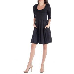 24seven Womens XL Black Elbow Length Sleeve T Shirt Dress Pleated Pockets NEW